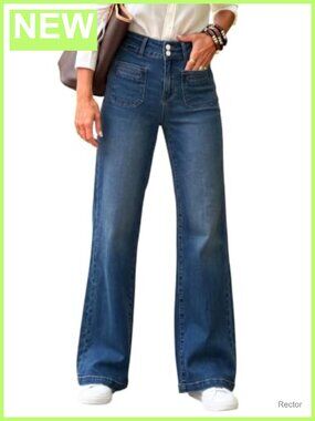 High Waisted Wide Leg Jeans Double Button Tummy Control Denim Pants